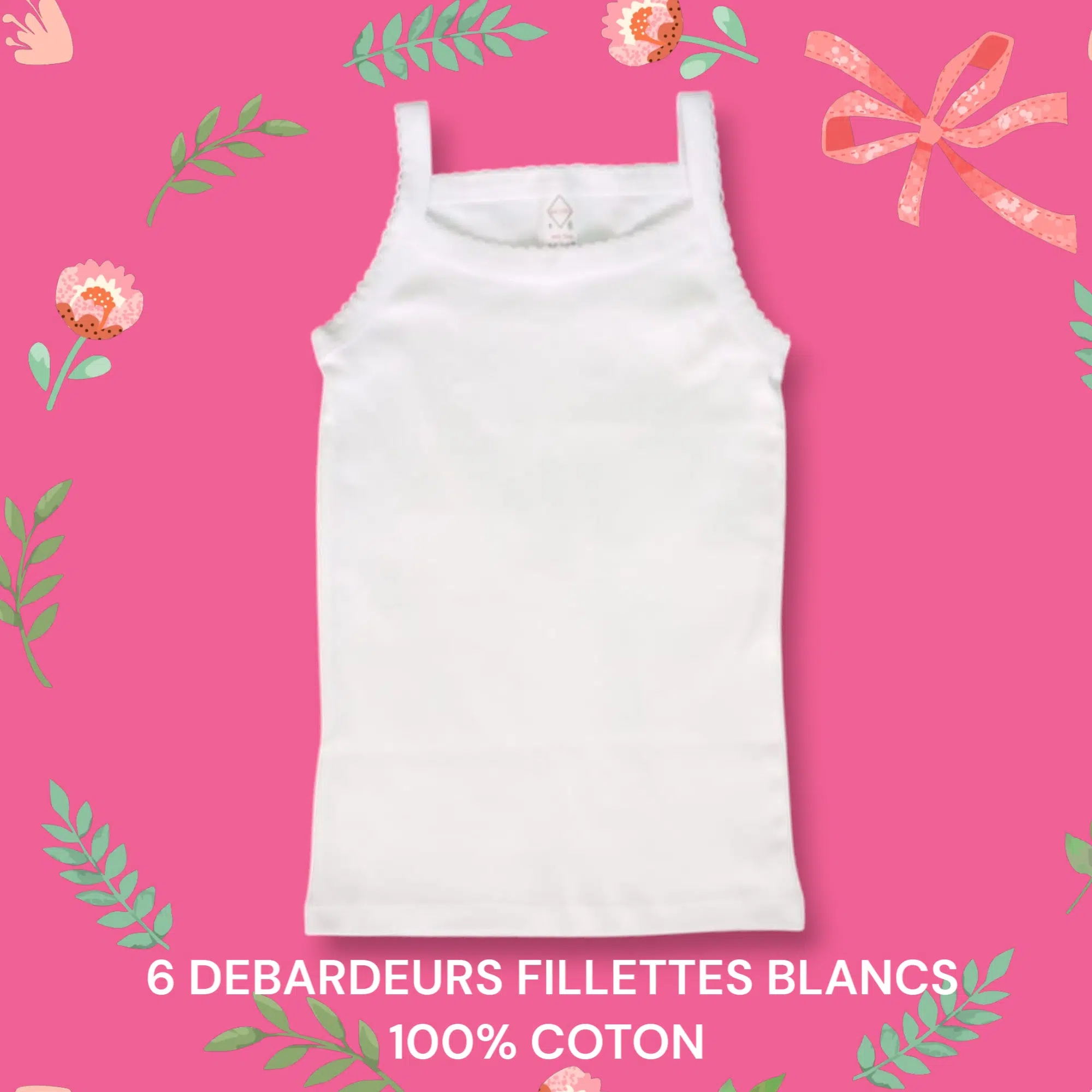 PACK POUR FILLETTES DE 6 DEBARDEURS BLANCS 100% COTON
