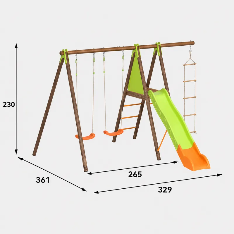 Portique XALTO bois/métal 2,30 m - 2 balançoires + 1 échelle + toboggan