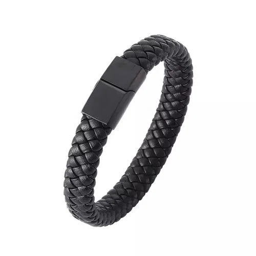 Bracelet tressé pour Homme en Cuir avec fermeture métallique - Noir