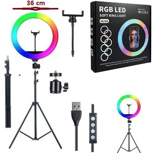 Ring Light 36cm - 18 Modes déclairage RGB - 3 Températures - 8 Niveaux de luminosités