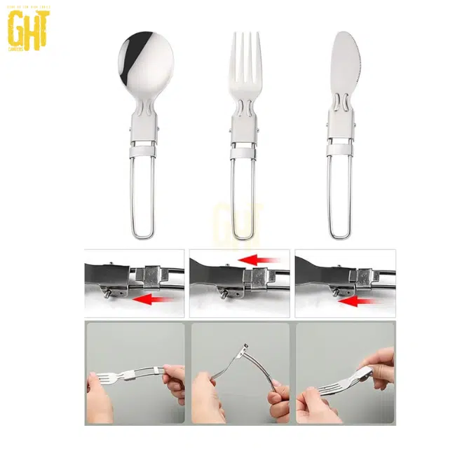 Set de Couverts Pliables Camping – 3 Pièces avec Pochette