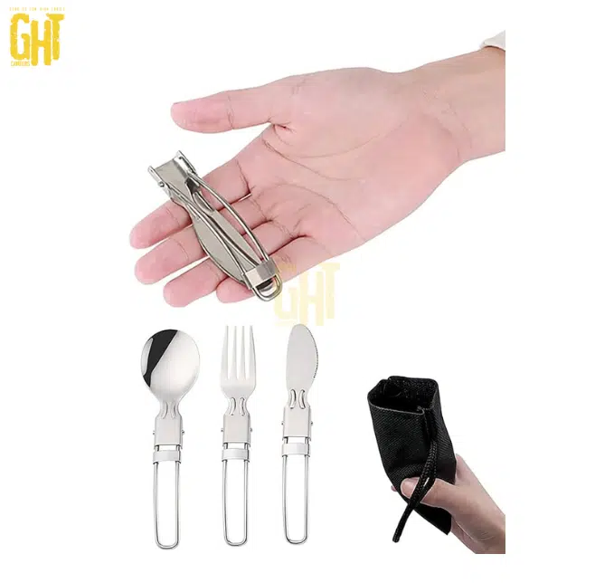 Set de Couverts Pliables Camping – 3 Pièces avec Pochette