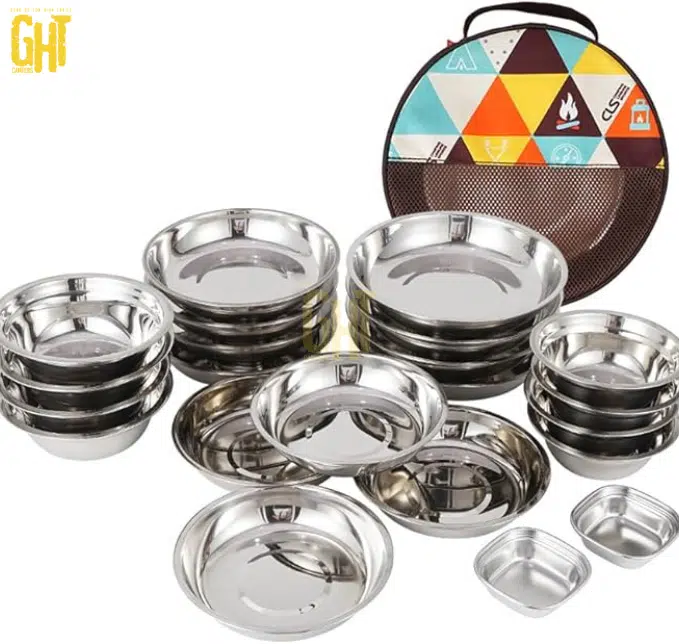 Set de Vaisselle Camping Inox – 22 Pièces + Sac de Rangement – Pour Famille ou Groupe