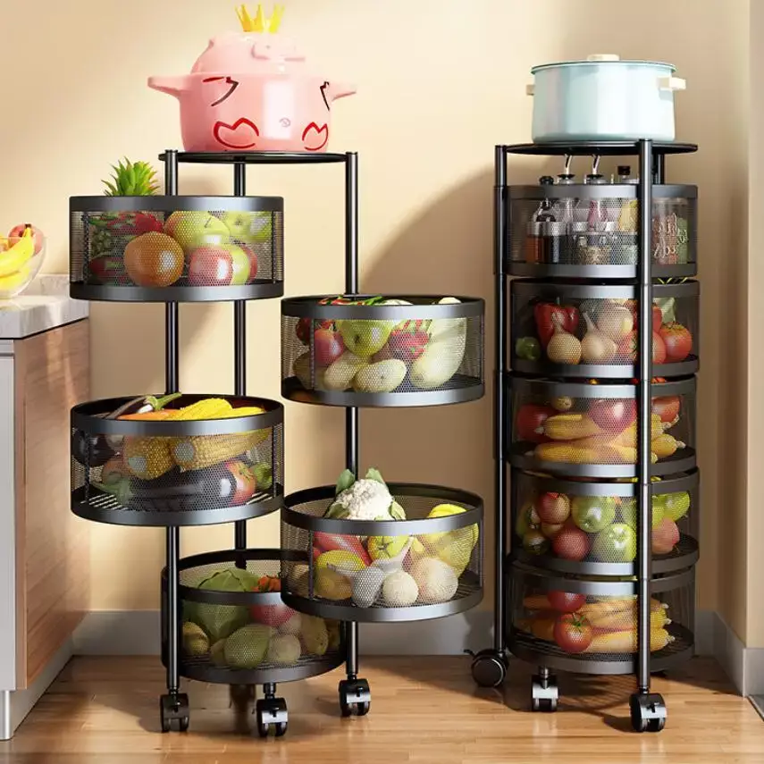 Chariot de Rangement Rotative en Metal 5 Paniers Noir