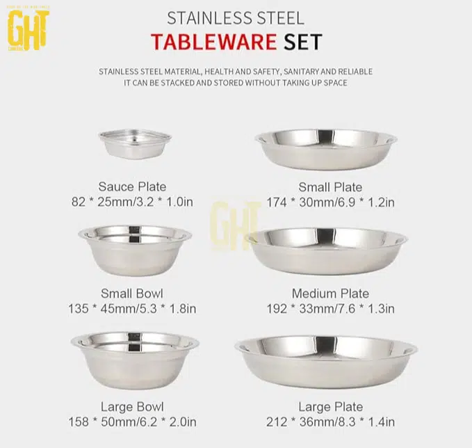 Set de Vaisselle Camping Inox – 22 Pièces + Sac de Rangement – Pour Famille ou Groupe