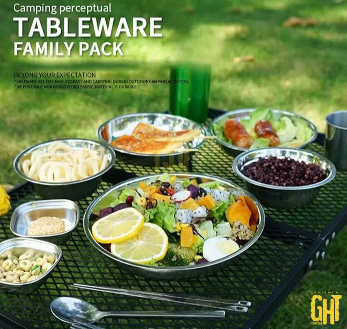 Set de Vaisselle Camping Inox – 22 Pièces + Sac de Rangement – Pour Famille ou Groupe