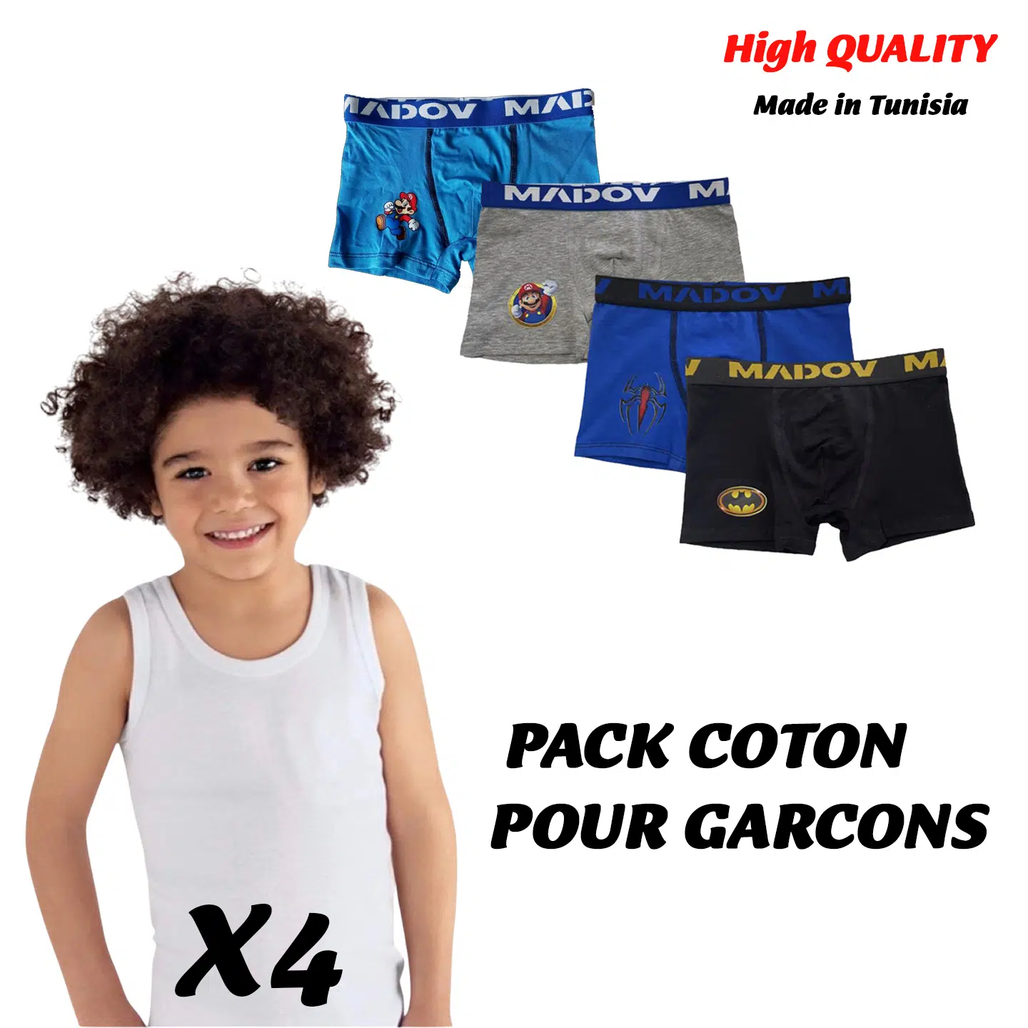 PACK DE 4 DEBARDEURS BLANCS ET 4 BOXERS