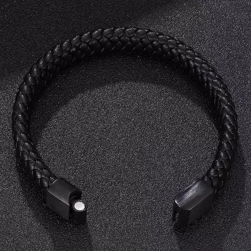 Bracelet tressé pour Homme en Cuir avec fermeture métallique - Noir