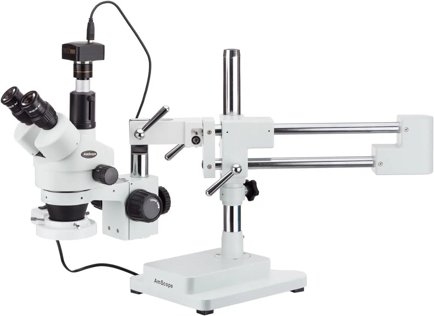 Microscope stéréo trinoculaire sur double bras, port photo, anneau LED 56 lampes