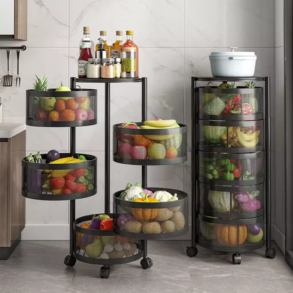 Chariot de Rangement Rotative en Metal 5 Paniers Noir