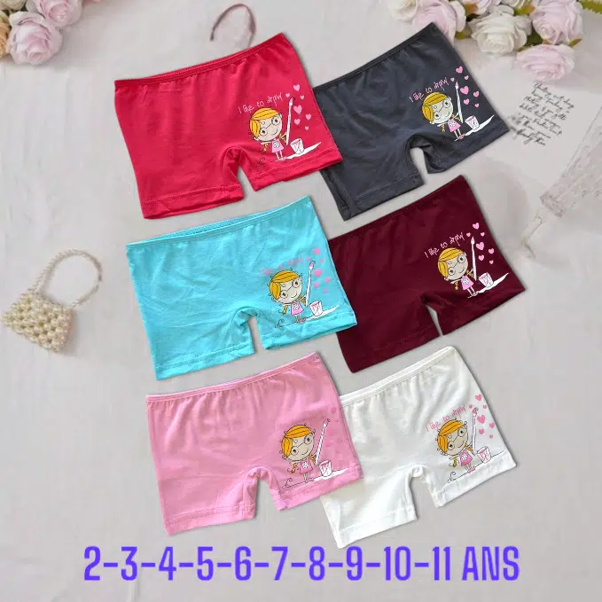 PACK 6 SLIPS SHORT FILLETTES COTON AVEC MOTIF