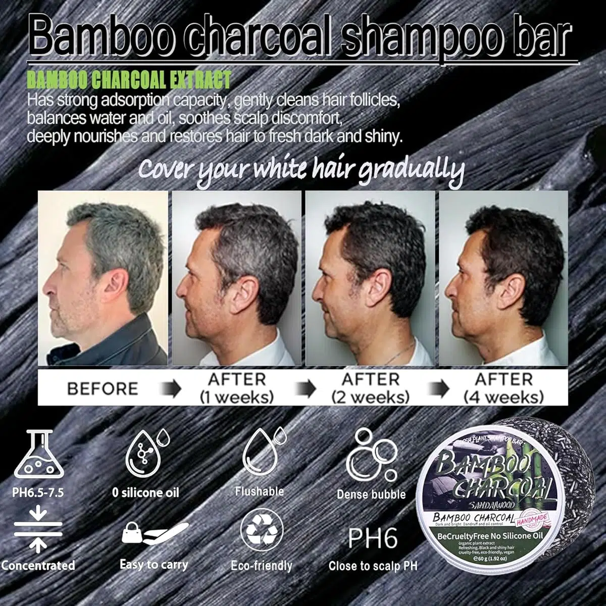 Bamboo Charcoal - Barre de Shampooing Capillaire Aux Plantes Charbon : Anti-cheveux blanc
