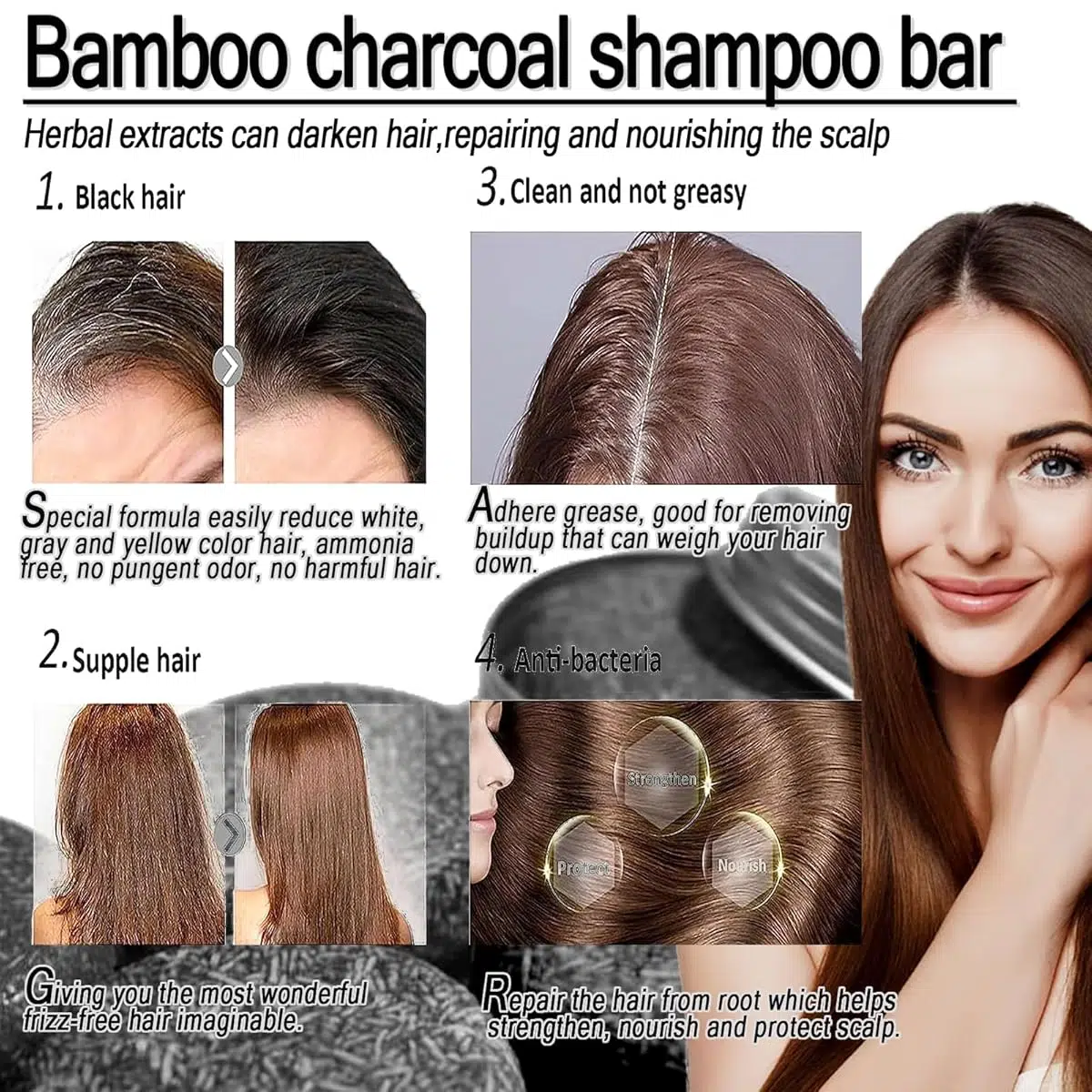 Bamboo Charcoal - Barre de Shampooing Capillaire Aux Plantes Charbon : Anti-cheveux blanc