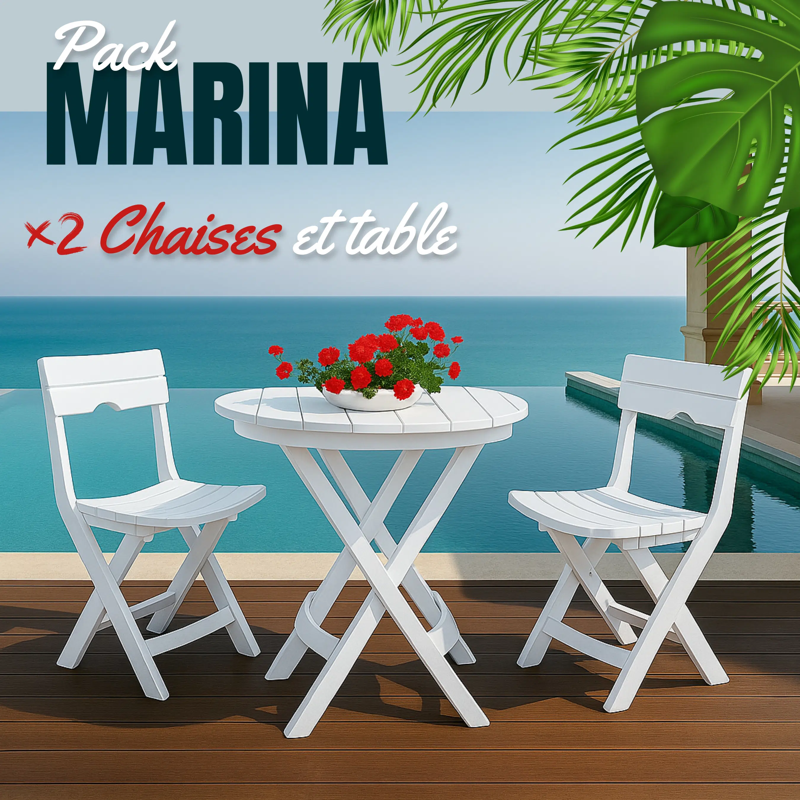 Pack Marina – Table + 2 Chaises (Blanc)