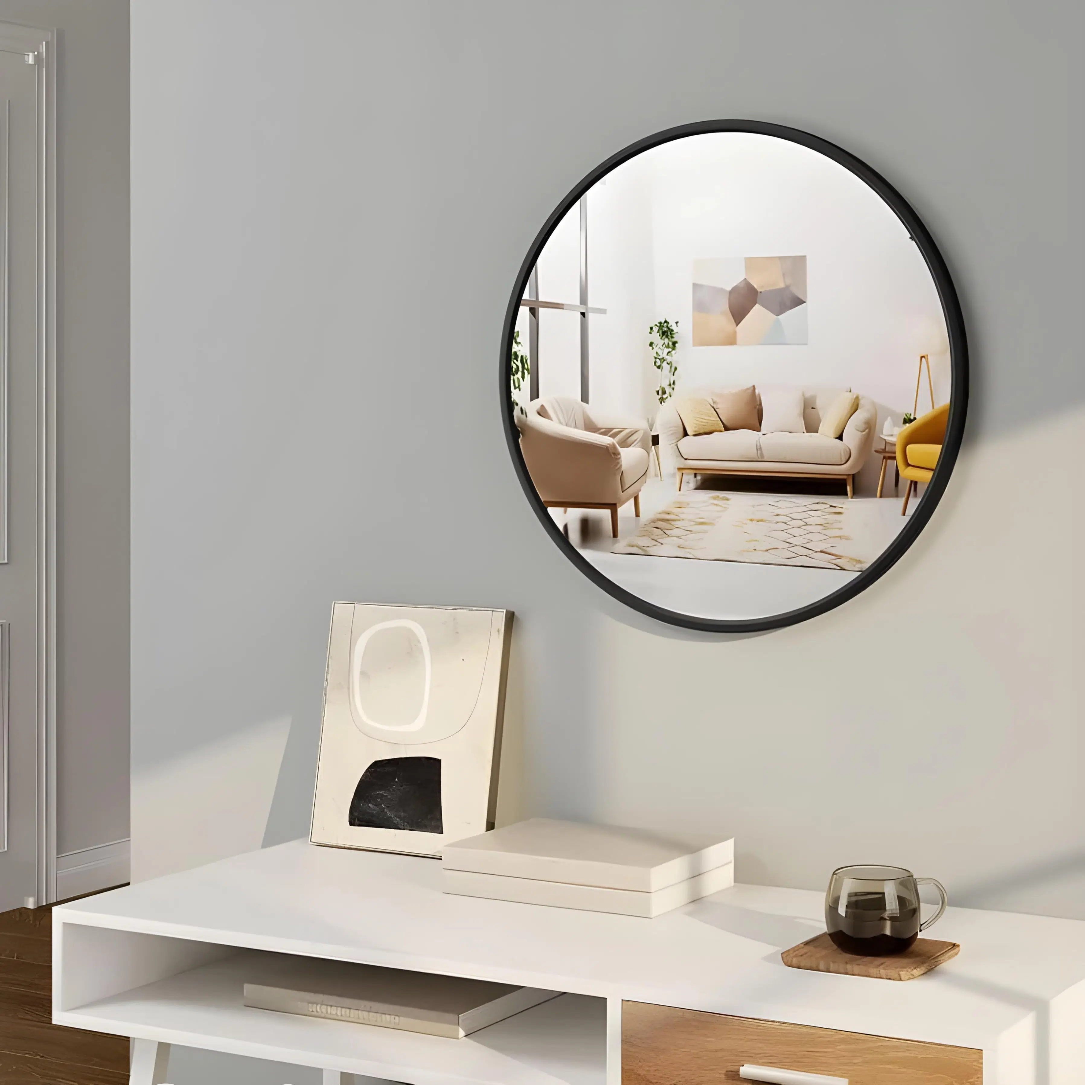 Miroir Rond Ø50 cm avec Cadre en MDF Noir