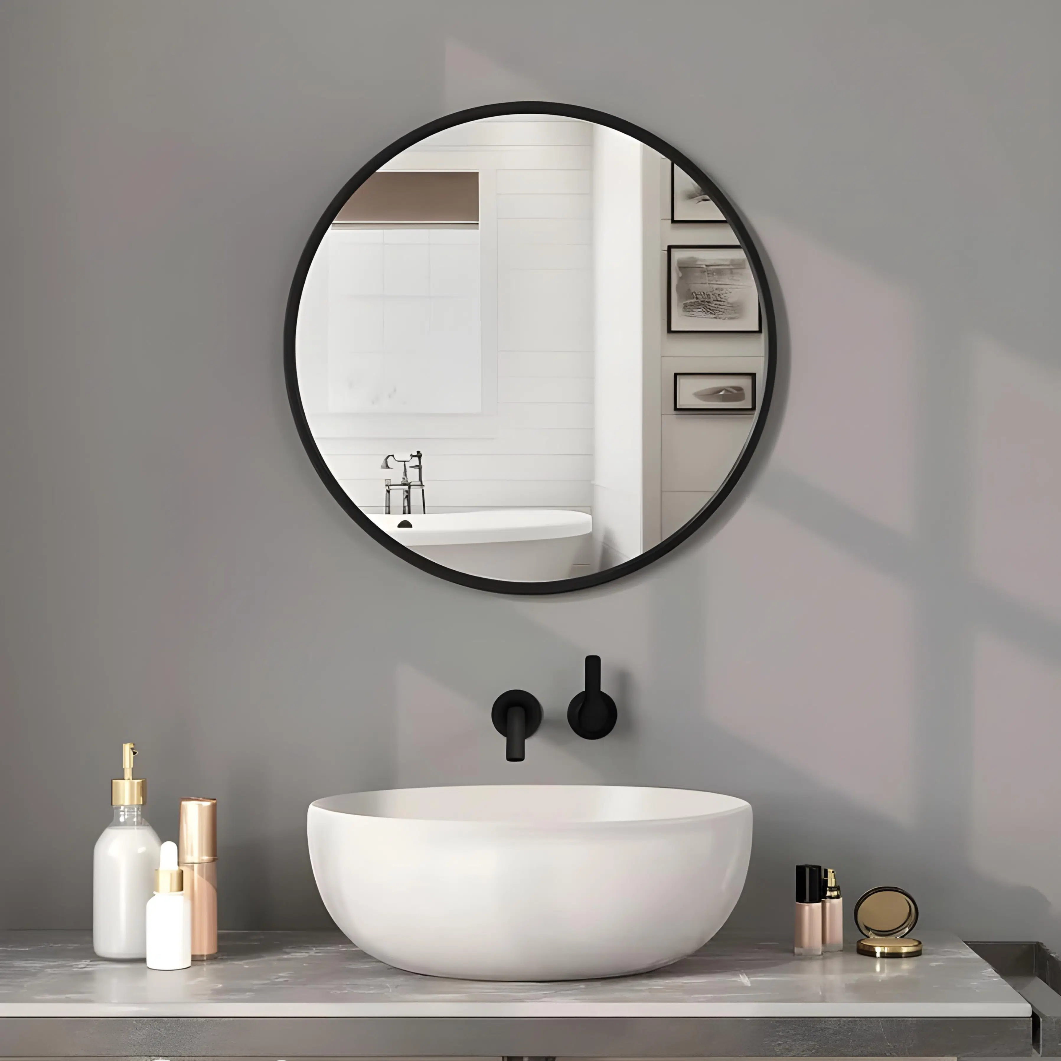Miroir Rond Ø50 cm avec Cadre en MDF Noir