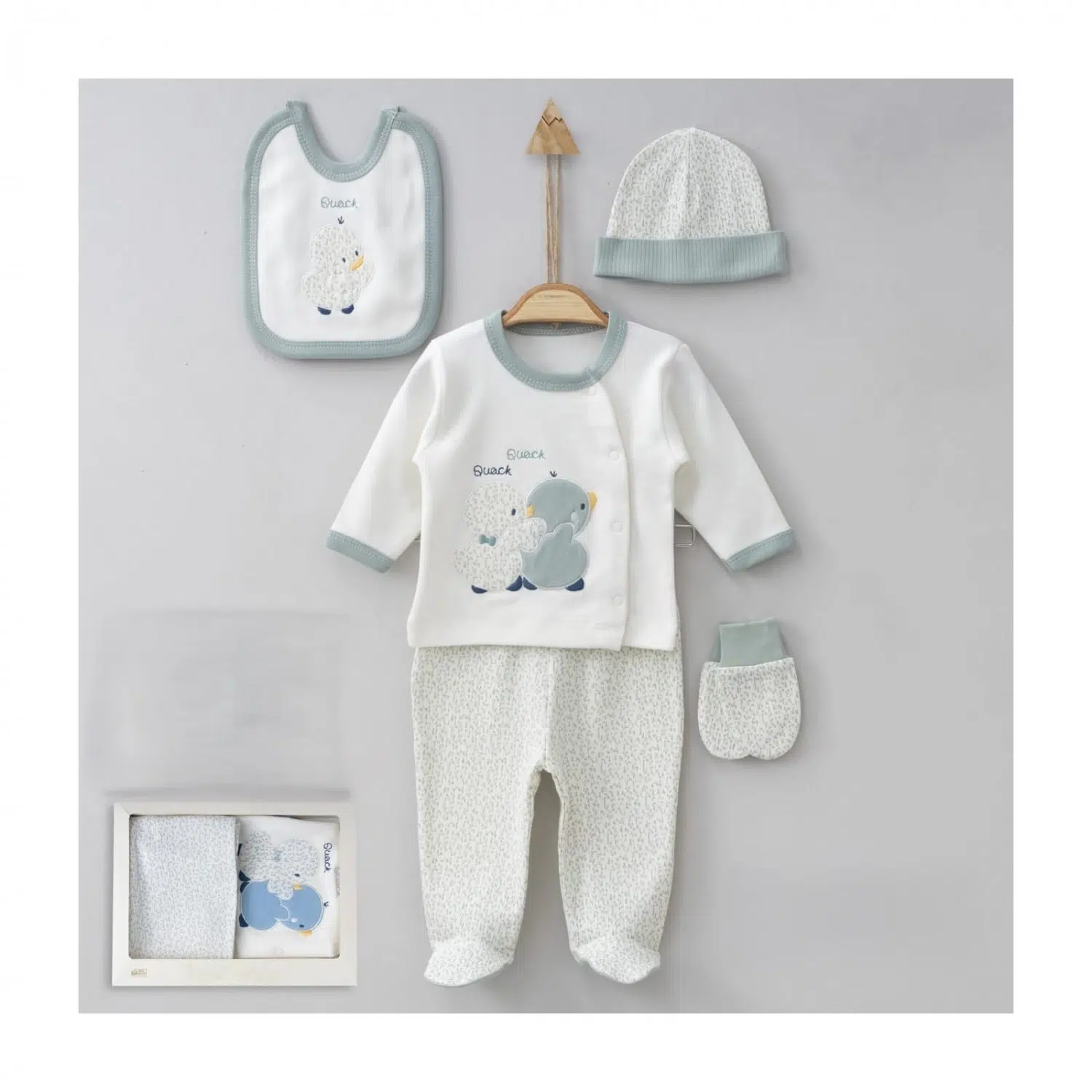 Coffret Naissance 5 Pièces 100% Coton Vert ou Bleu – Réf 7625 – (0-3M)