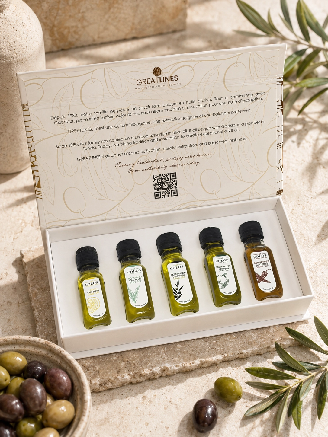 Coffret cadeau COLOS 5 huiles d’olive tunisiennes  5 × 20 ml
