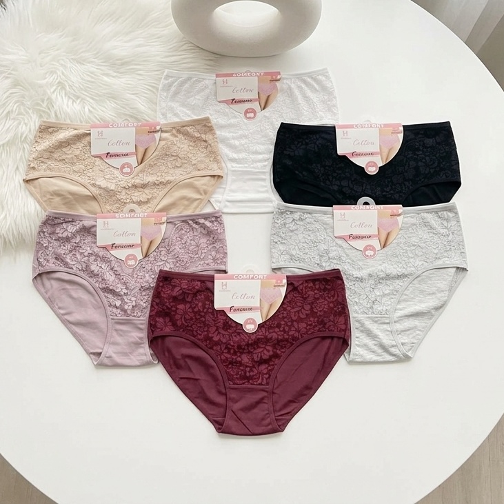 PACK 6 SLIPS TAILLE HAUTE POUR FEMMES EN COTON AVEC DENTELLES