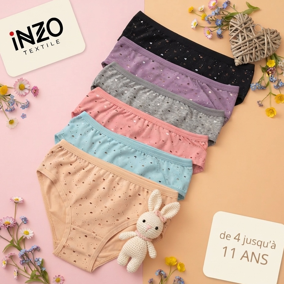 PACK 6 SLIPS FILLETTES FLEURIS EN COTON MOTIF COEUR