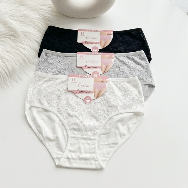 PACK 6 SLIPS TAILLE HAUTE POUR FEMMES EN COTON AVEC DENTELLES