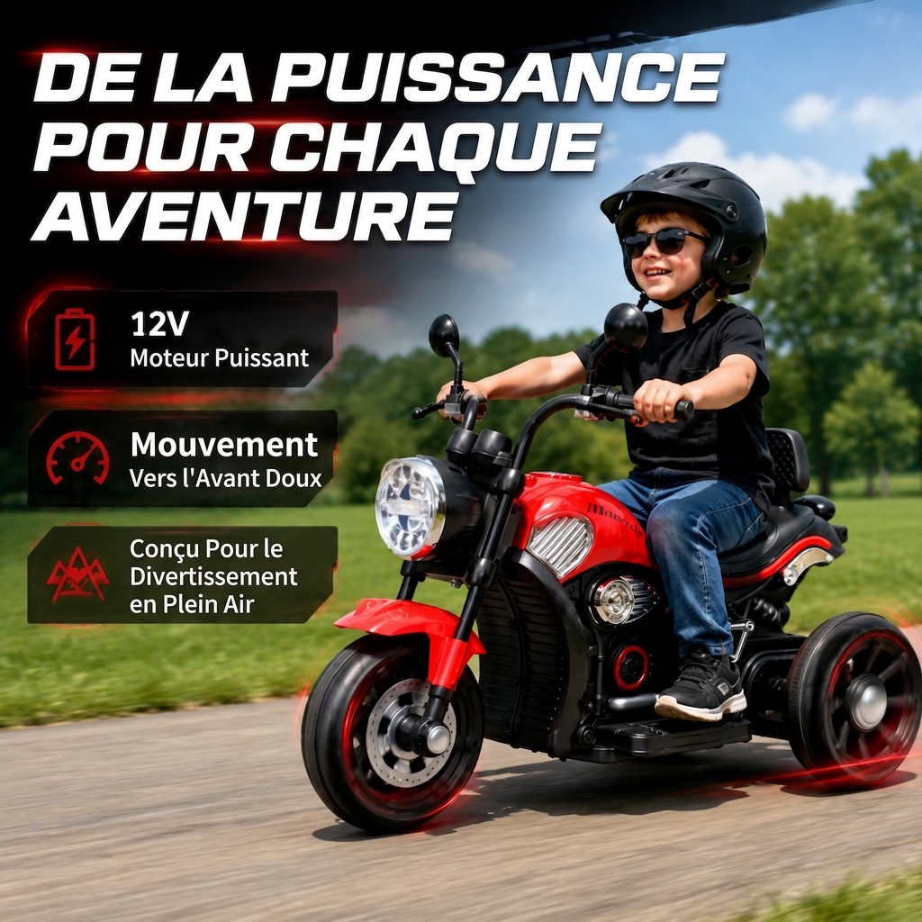 Moto électrique enfant  6V à 3 roues, avec musique Bluetooth, AUX et USB, rouge