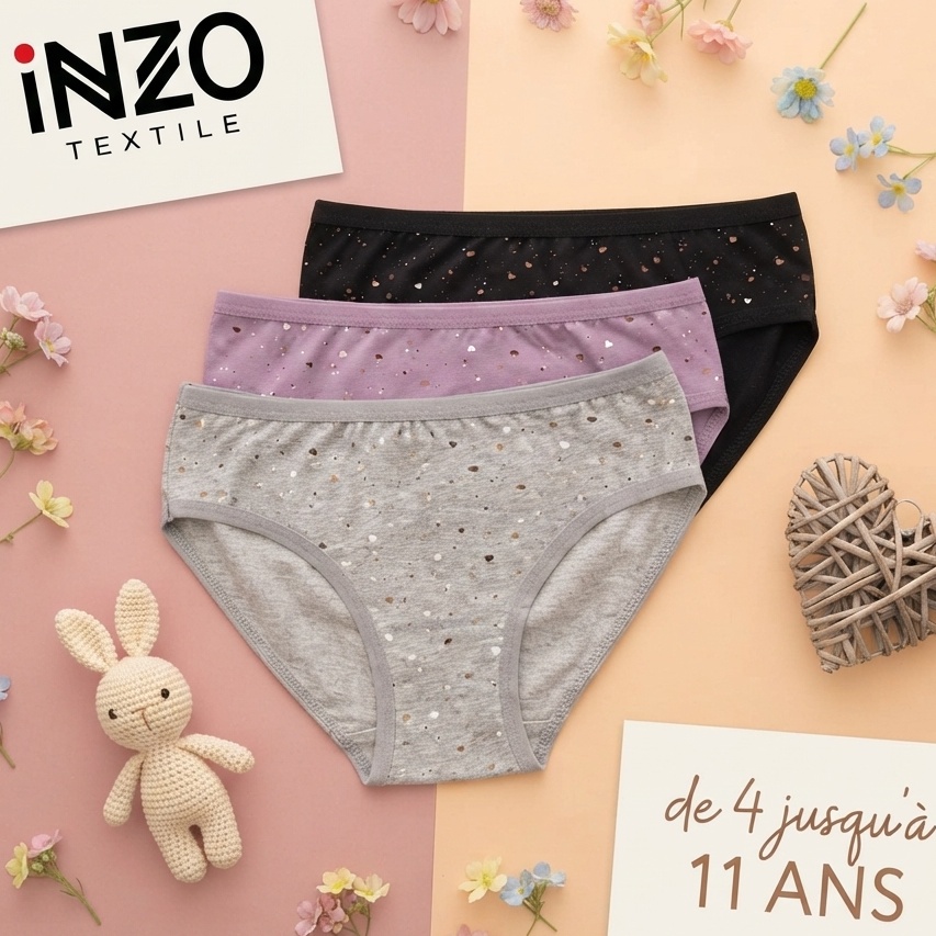 PACK 6 SLIPS FILLETTES FLEURIS EN COTON MOTIF COEUR