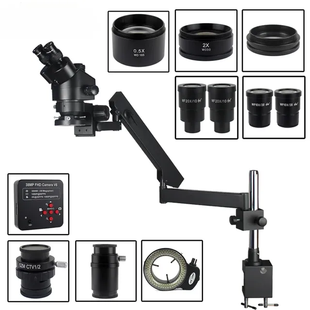 Microscope Trinoculaire Industriel 3.5-90x avec Caméra HDMI 38MP et Bras Articulé