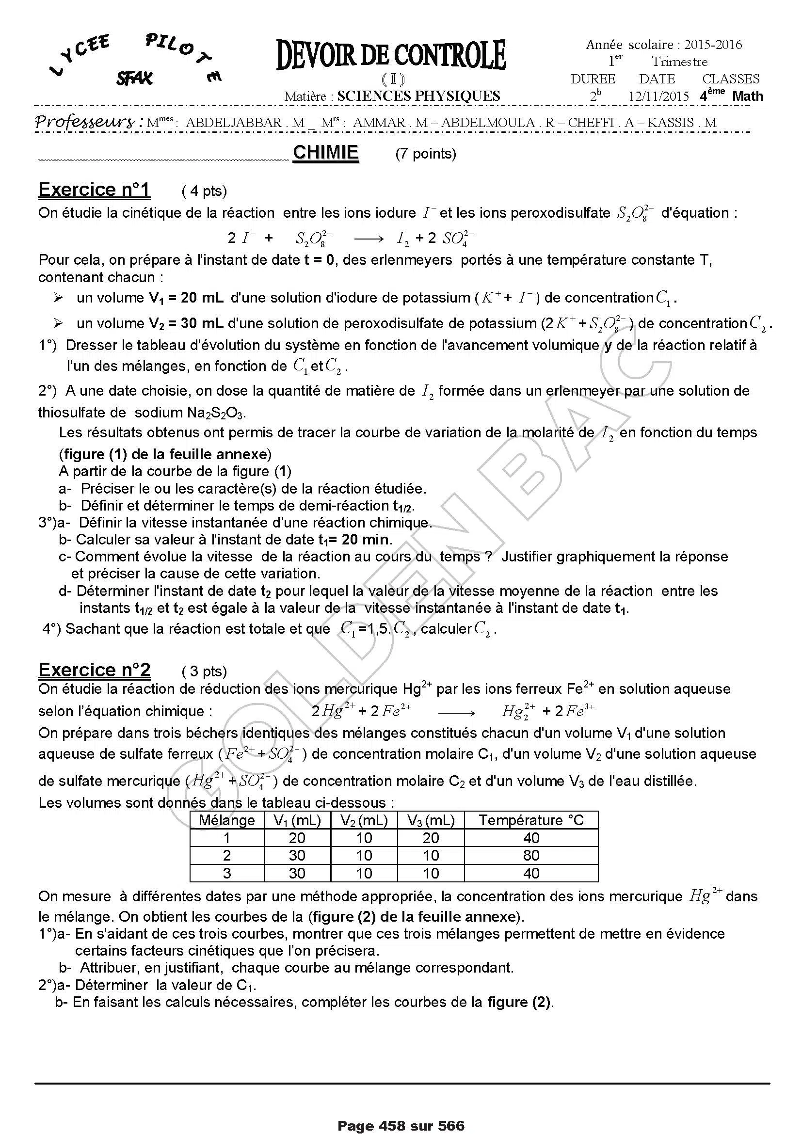PHYSIQUE/CHIME - 1ER TRIMESTRE - BAC MATHS