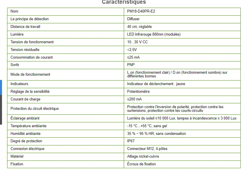 CAPTEUR diffuse réflexion avec connecteur