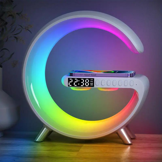 QU مصباح متصل مع مكبر صوت بلوتوث وشاحن لاسلكي LED