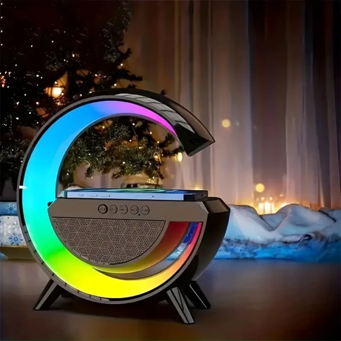 QU مصباح متصل مع مكبر صوت بلوتوث وشاحن لاسلكي LED