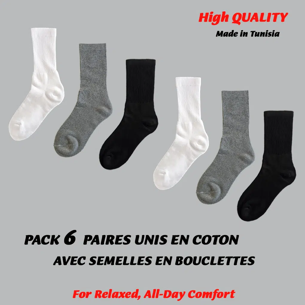 PACK 6 CHAUSSETTES AVEC SEMELLES EN BOUCLETTES EN COTON