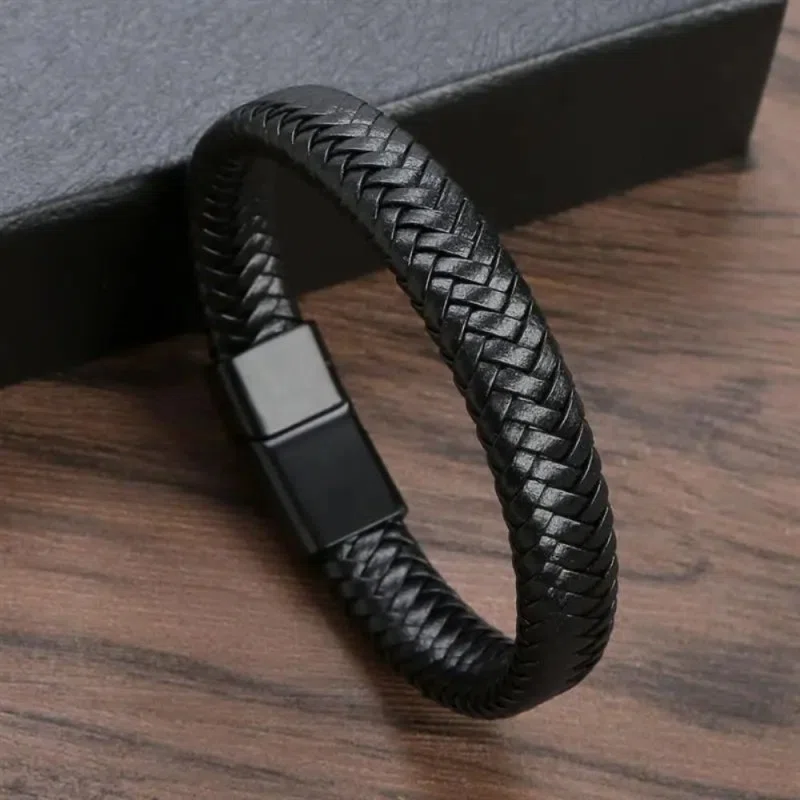 Bracelet tressé pour Homme en Cuir avec fermeture métallique - Noir