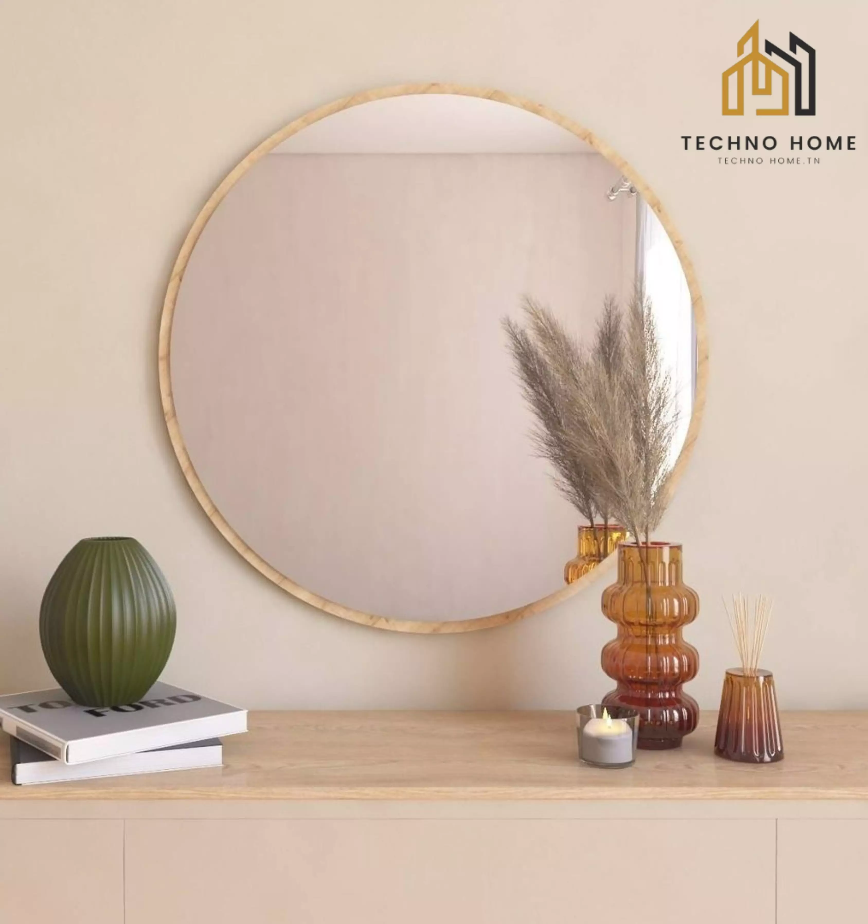 Miroir Rond en MDF Stratifie Beige – Diametre 60 cm