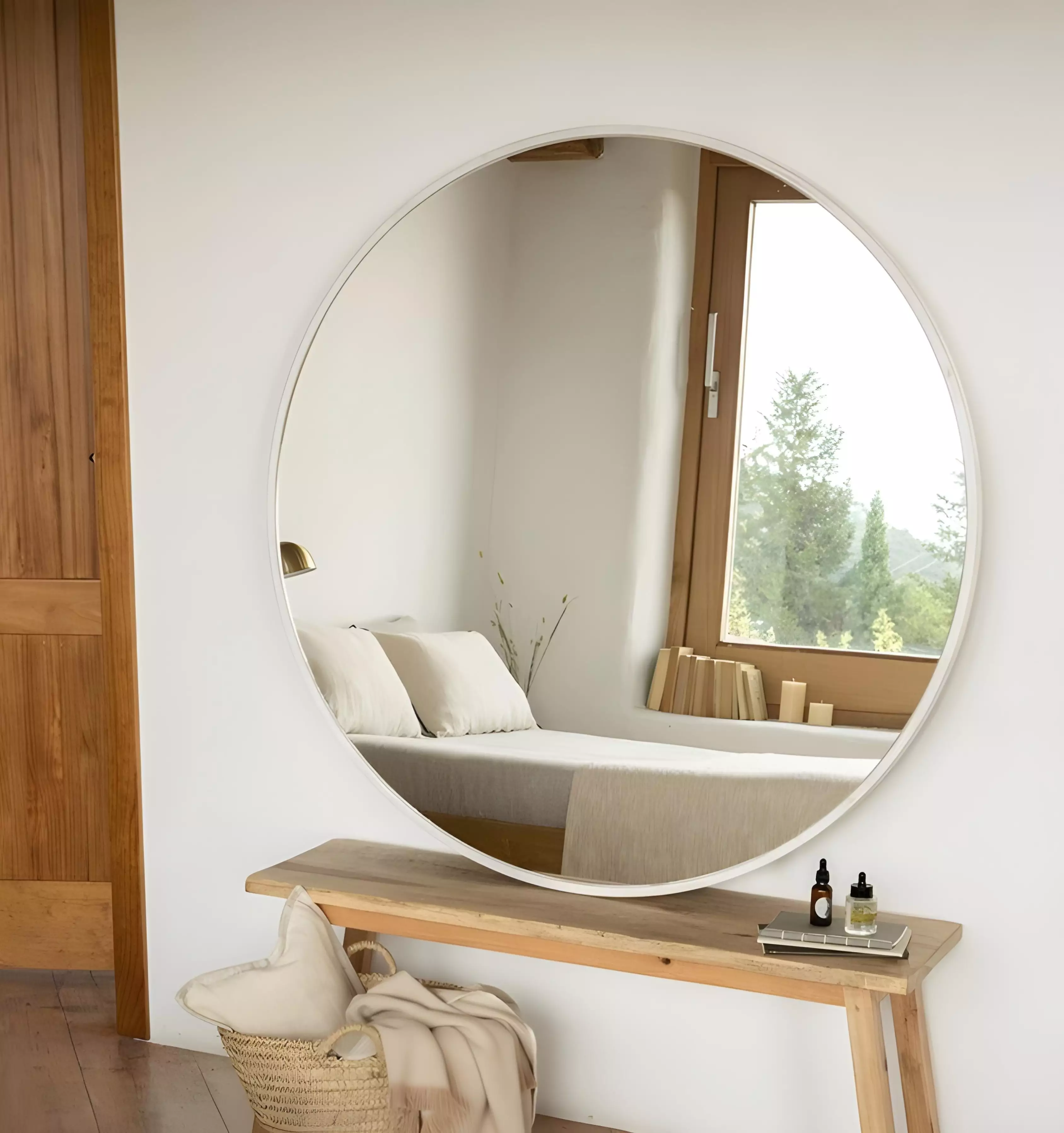 Miroir Rond en MDF Stratifie Blanc – Diametre 80 cm