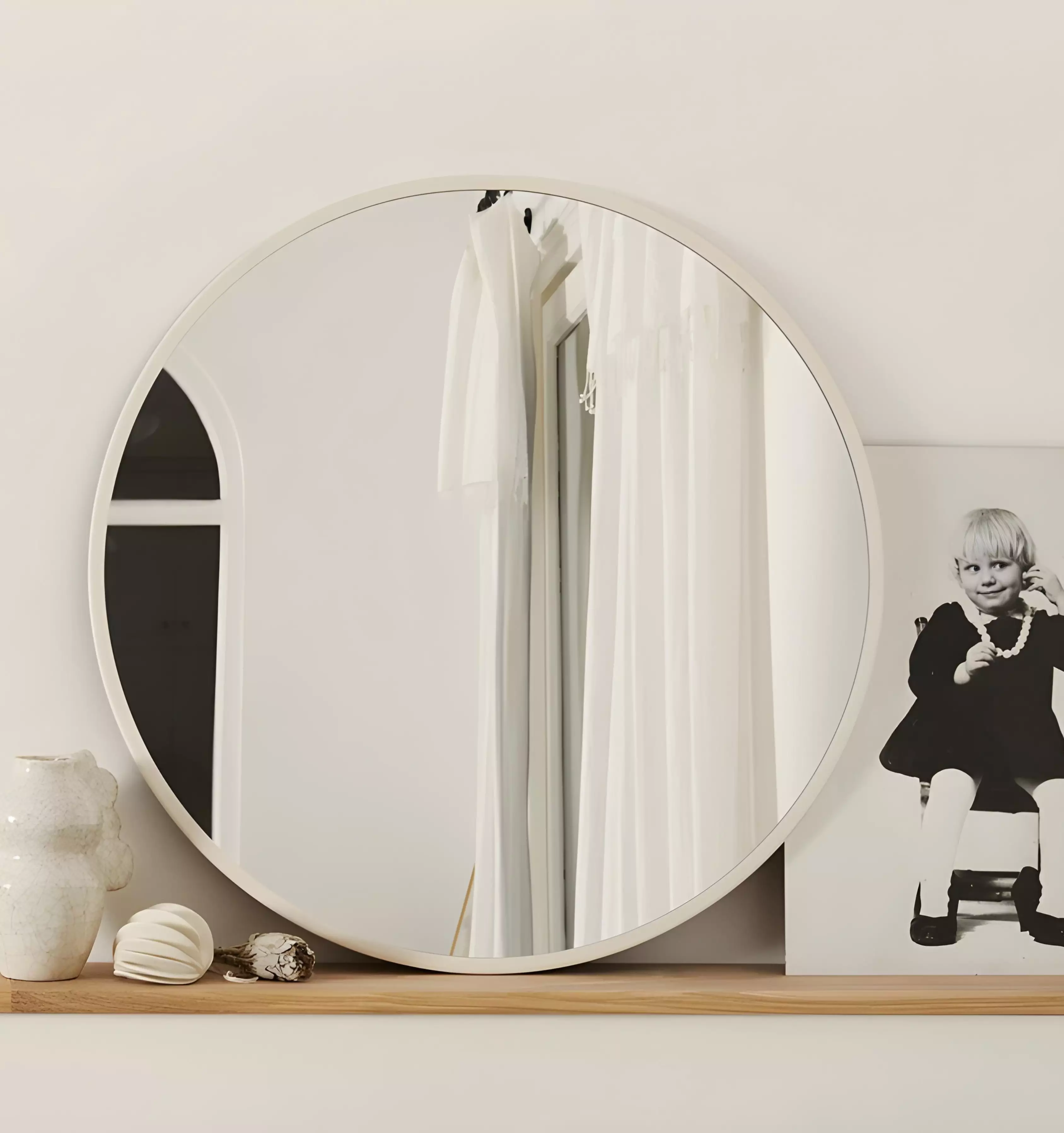 Miroir Rond en MDF Stratifie Blanc – Diametre 80 cm