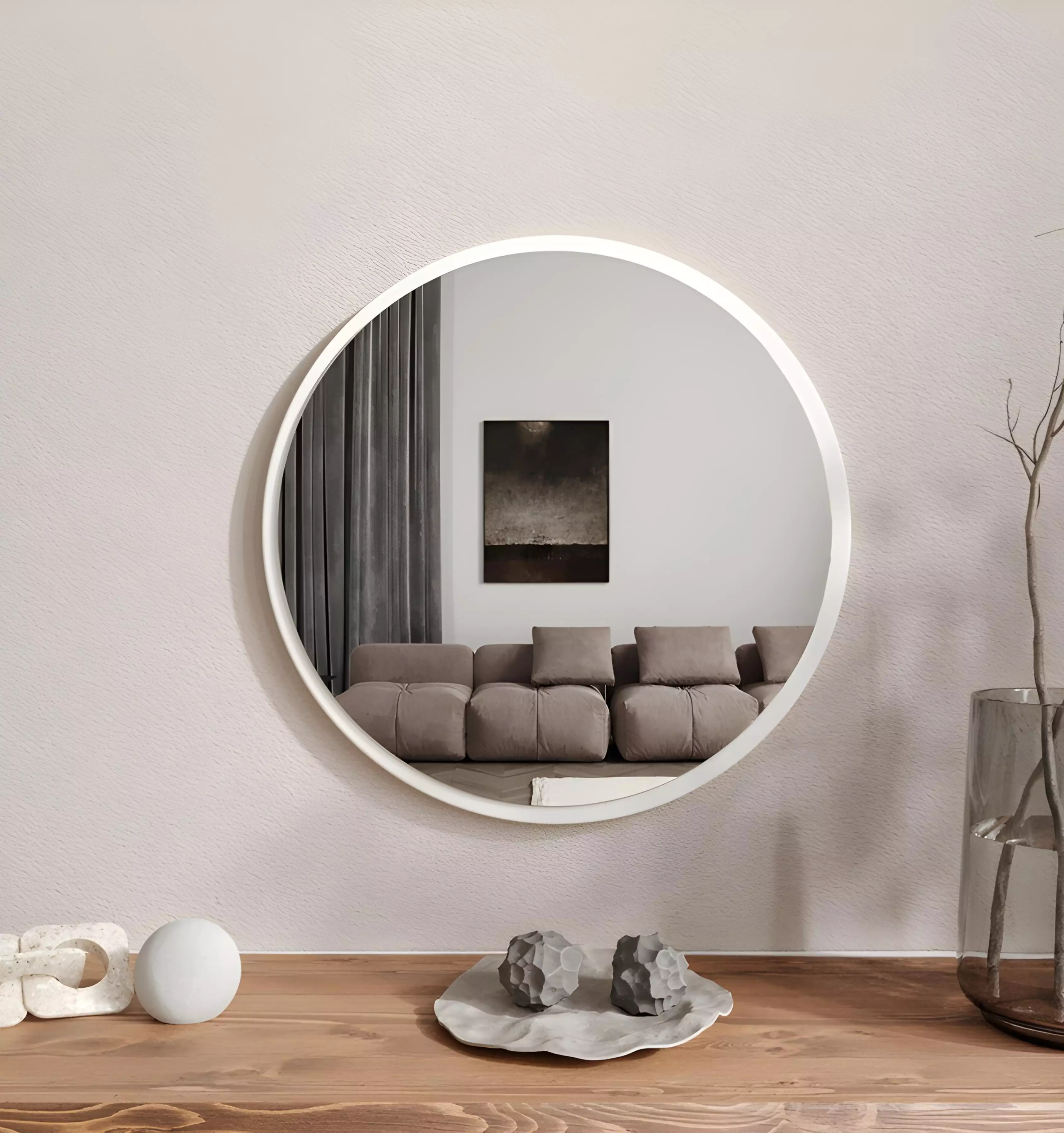 Miroir Rond en MDF Stratifie Blanc – Diametre 60 cm