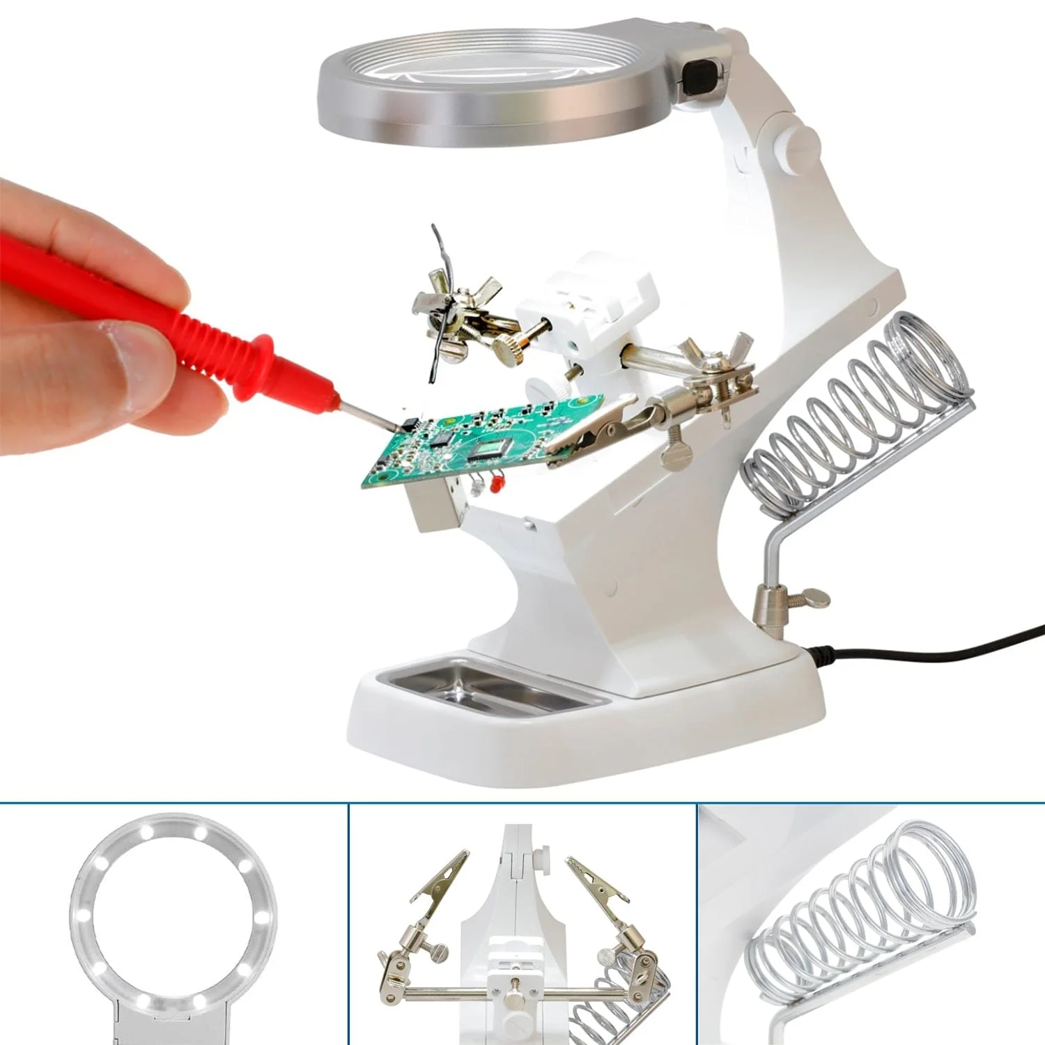 Support de circuit imprimé multifonction AmScope avec loupe 3×/4,5× et éclairage LED