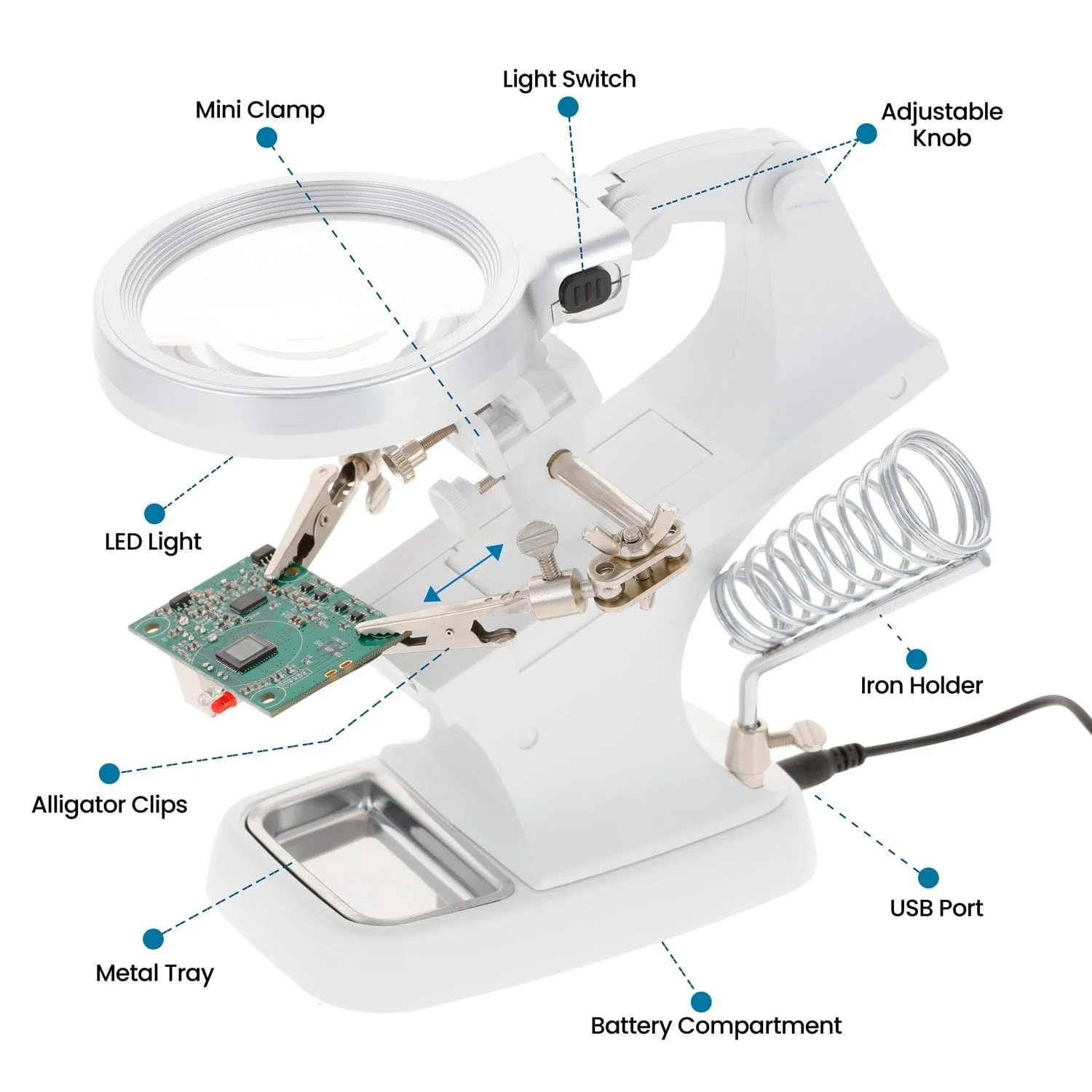 Support de circuit imprimé multifonction AmScope avec loupe 3×/4,5× et éclairage LED