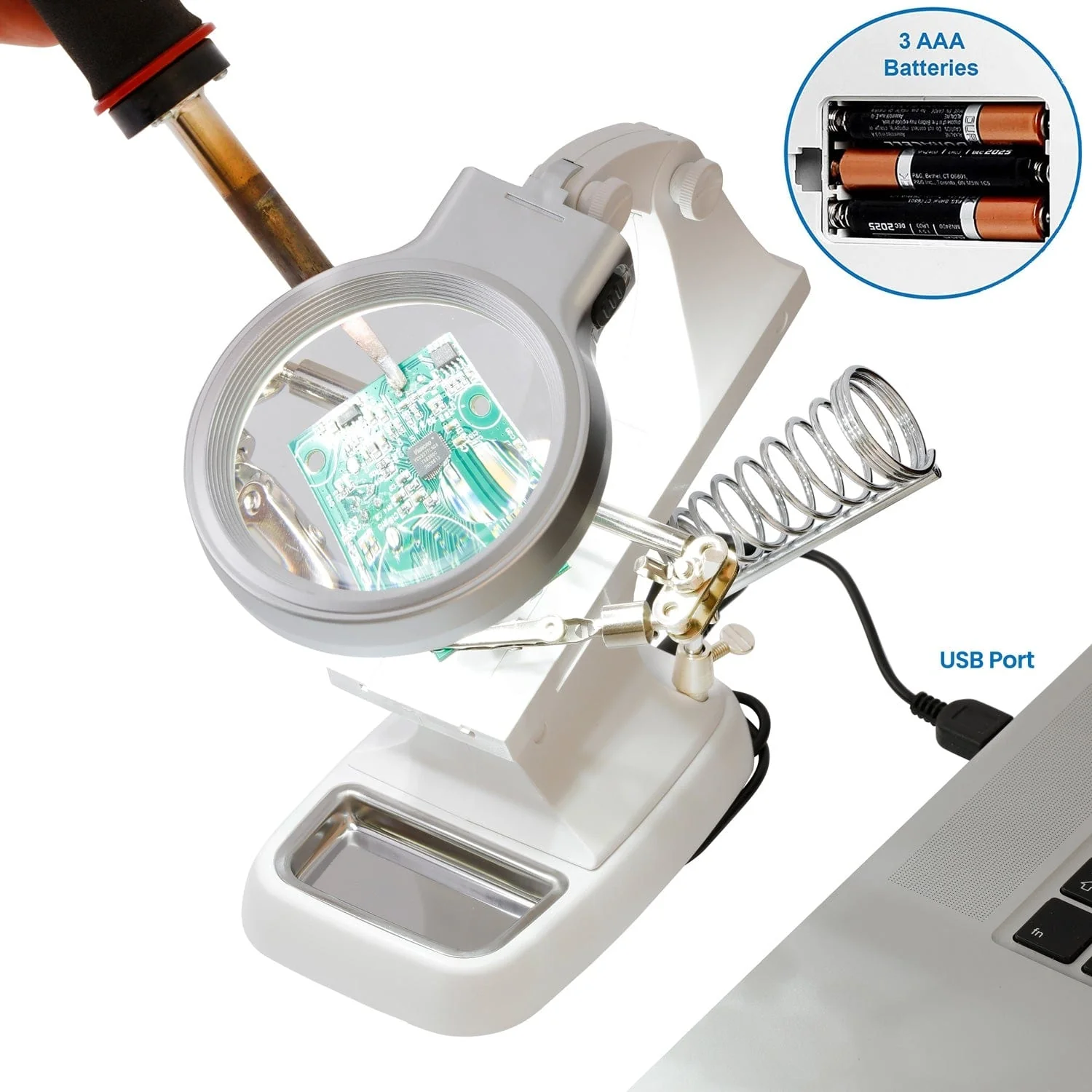 Support de circuit imprimé multifonction AmScope avec loupe 3×/4,5× et éclairage LED