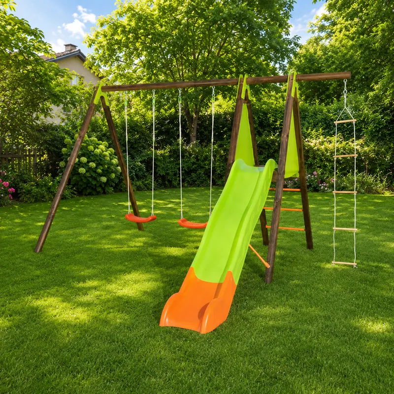 Portique XALTO bois/métal 2,30 m - 2 balançoires + 1 échelle + toboggan Trigano