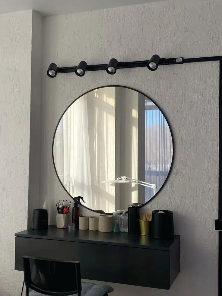 Miroir rond mural – Cadre MDF noir stratifie (Ø 70 cm)