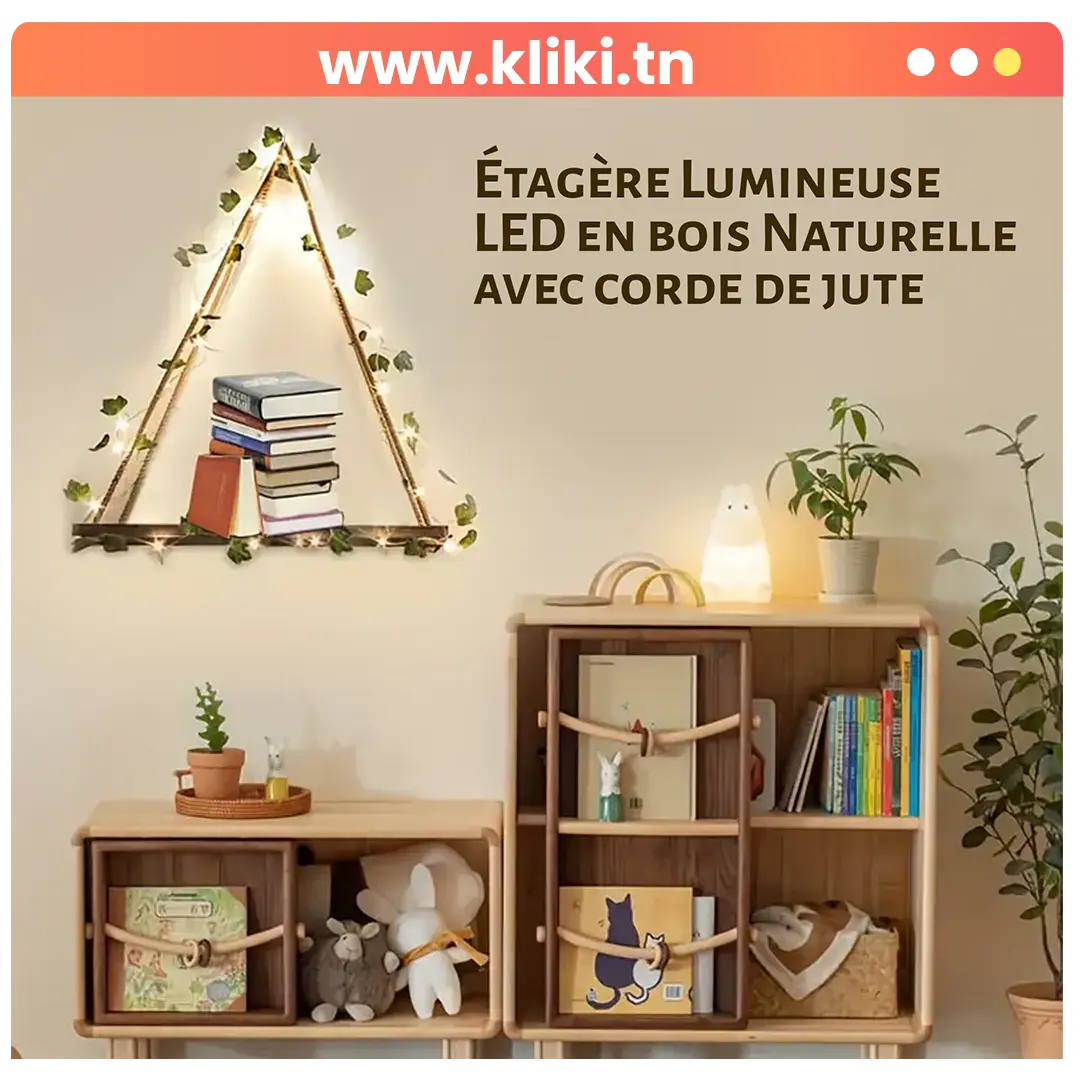 Étagère Lumineuse LED en bois Naturelle avec corde de jute