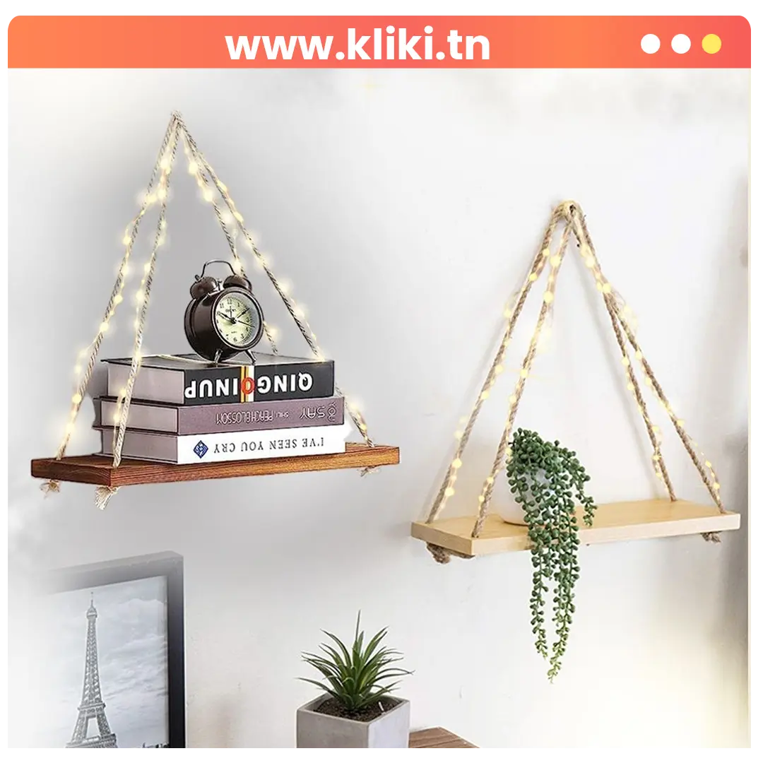 Étagère Lumineuse LED en bois Naturelle avec corde de jute