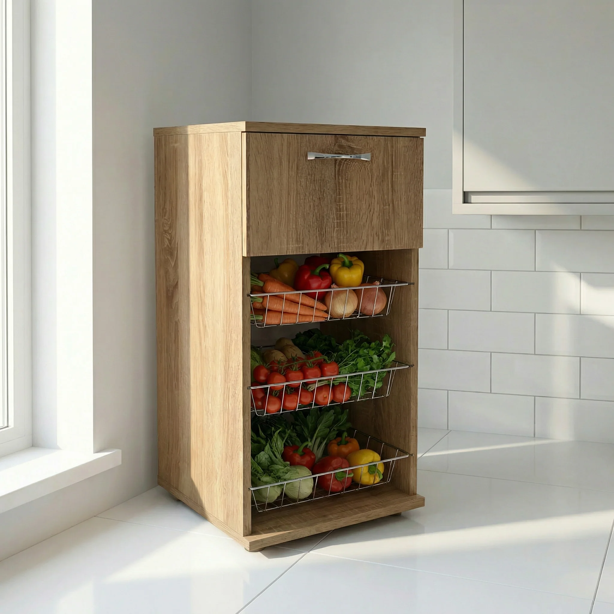 Meuble Porte-Légumes en Bois avec Tiroir & Paniers