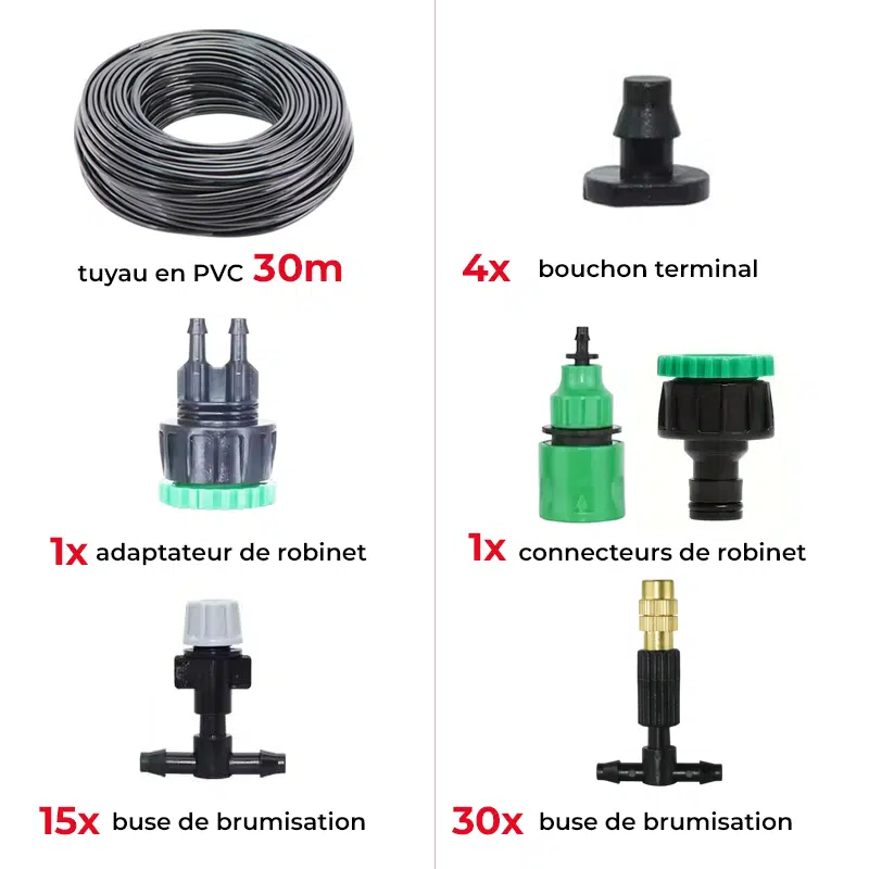 Kit de Brumisation Extérieur 30 m – 45 Buses & Adaptateur Universel
