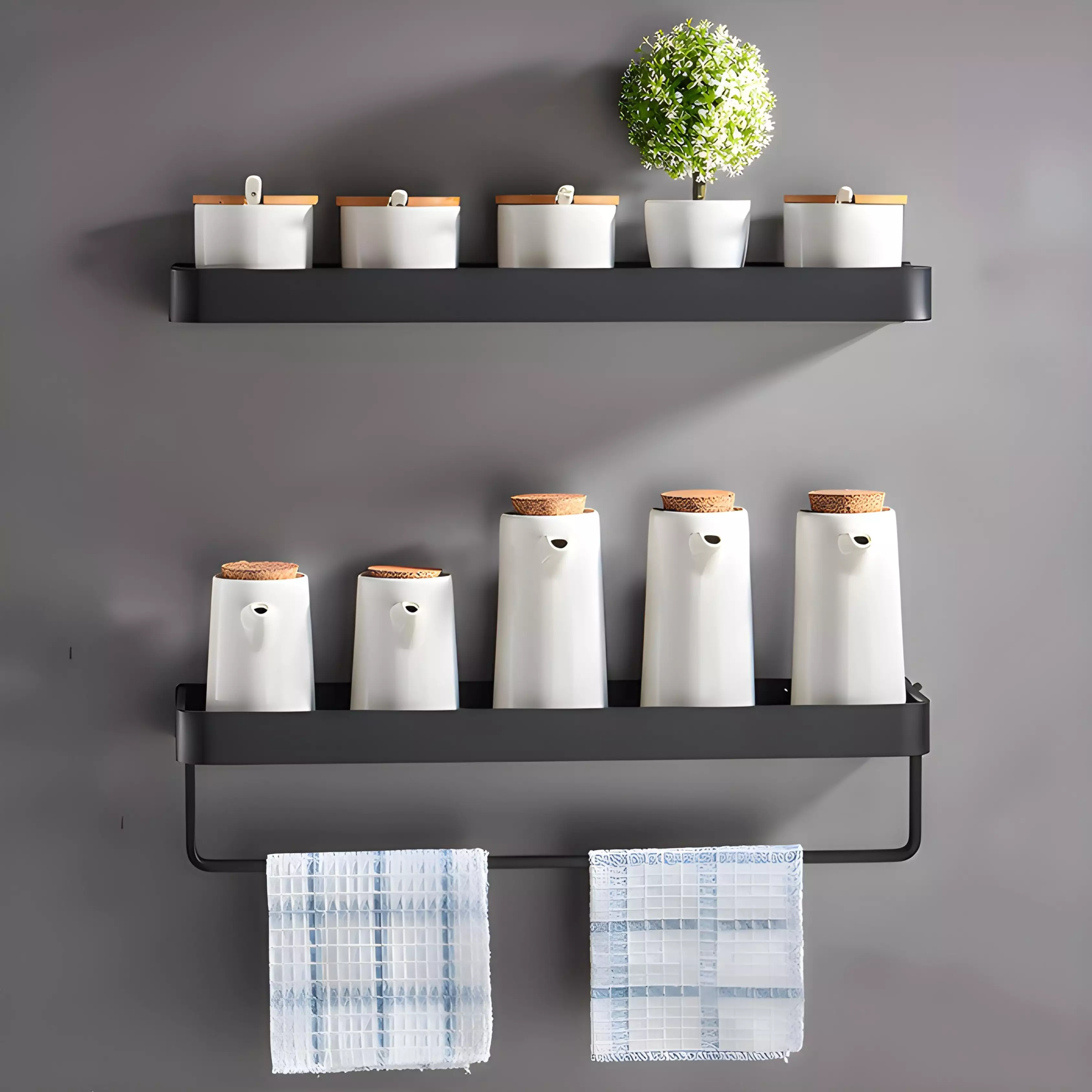 Kit Etagere Murale 2 Niveaux en Aluminium Noir Avec Porte Serviette