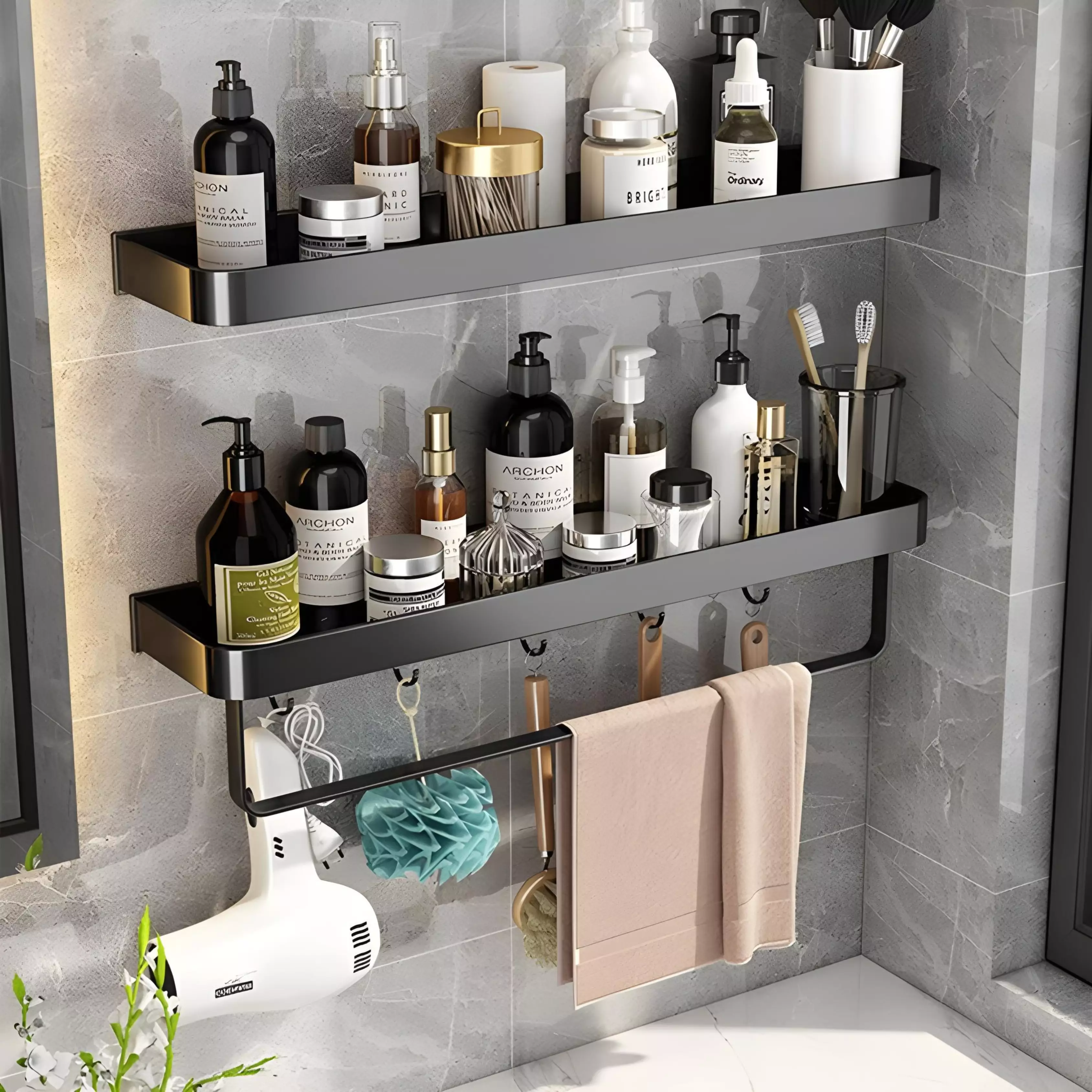 Kit Etagere Murale 2 Niveaux en Aluminium Noir Avec Porte Serviette