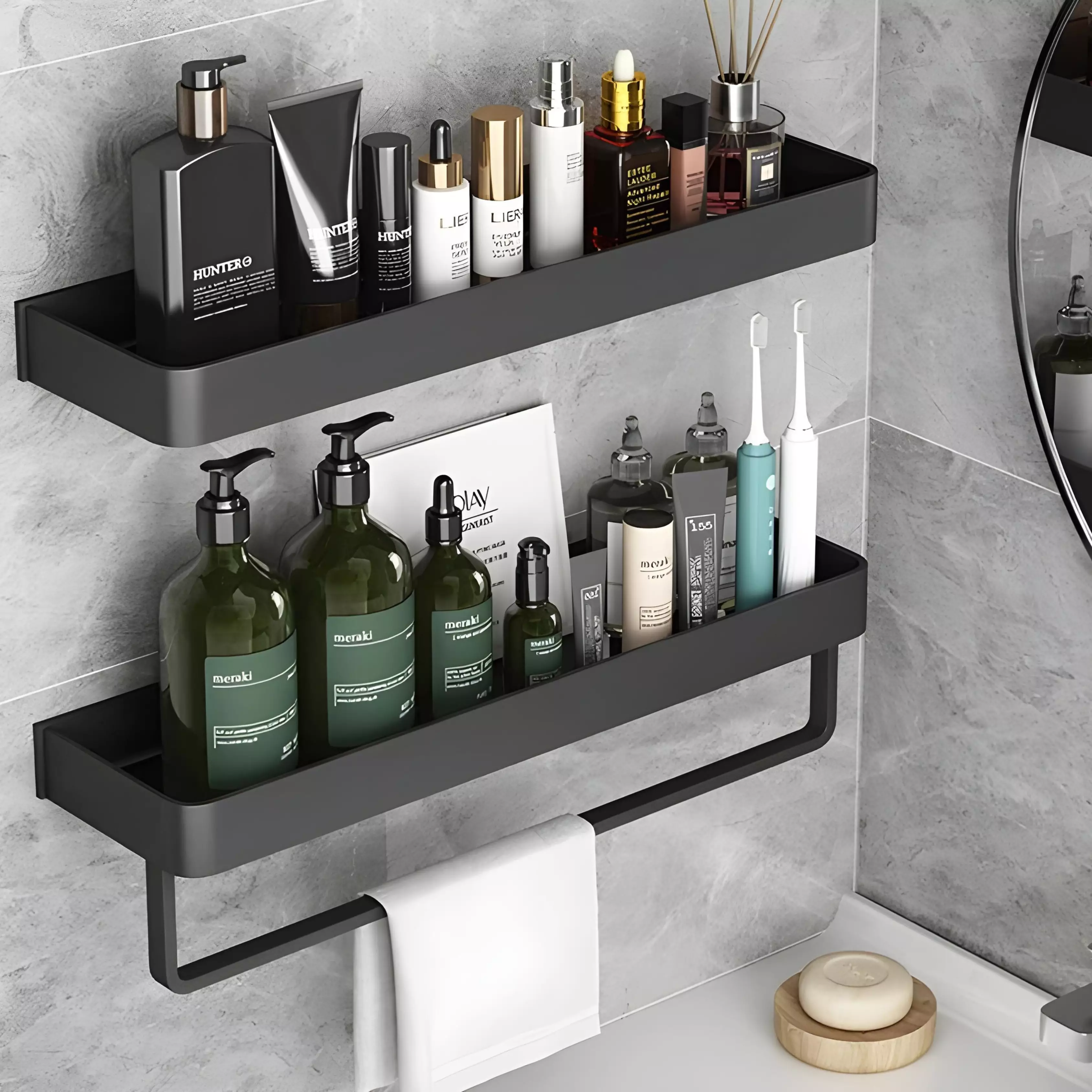 Kit Etagere Murale 2 Niveaux en Aluminium Noir Avec Porte Serviette